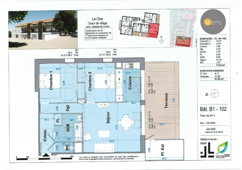 Appartement 3 pièces avec terrasse au centre village de Moidieu-Détourbe