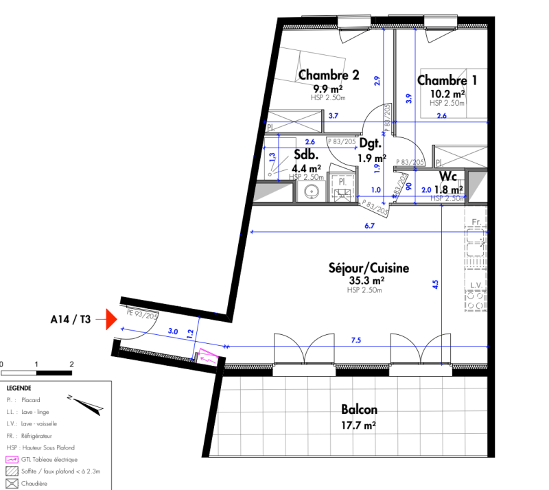 Appartement T3 - 62.7 m² - Septème - 2 places de stationnement privatives